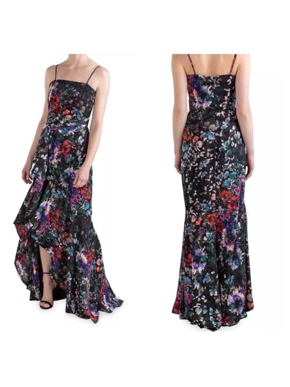 $525 SHOSHANNA Janea Floral Ruffle Dress In Jet Plum Multi Hi - Low Size 6 NWT